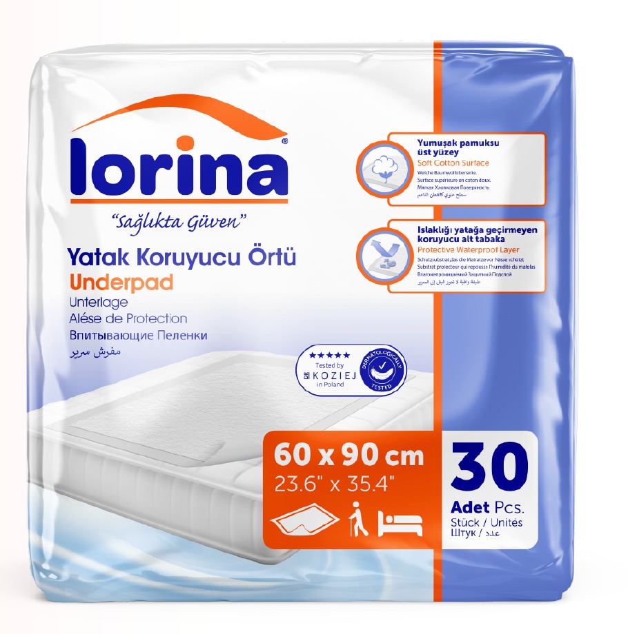 Aleză Lorina Underpad 60x90 cm, pachet 30 bucăți, cu suprafață textilă moale și folie impermeabilă