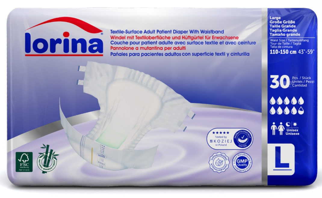 Scutec pentru adulți Lorina mărimea L, 110-150 cm, pachet 30 bucăți, cu suprafață textilă și bandă la talie