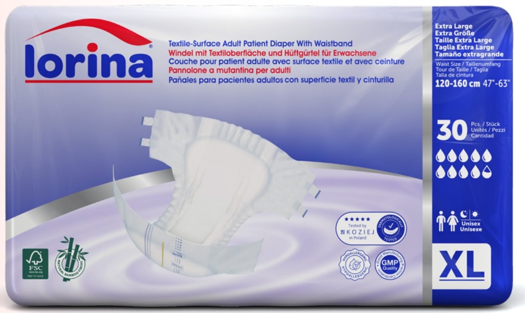 Scutec pentru adulți Lorina mărimea XL, 120-160 cm, pachet 30 bucăți, cu suprafață textilă și bandă la talie