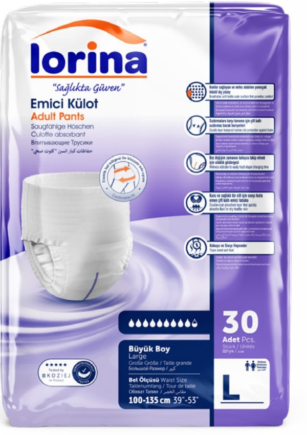 Scutec chilot pentru adulți Lorina mărimea L, 100-135 cm, pachet 30 bucăți, cu talie complet elastică