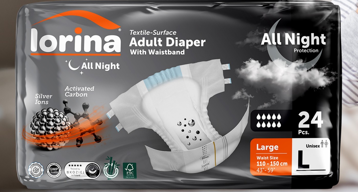 Scutec pentru adulți Lorina All Night mărimea L, 110-150 cm, pachet 24 bucăți, cu ioni de argint și carbon activ