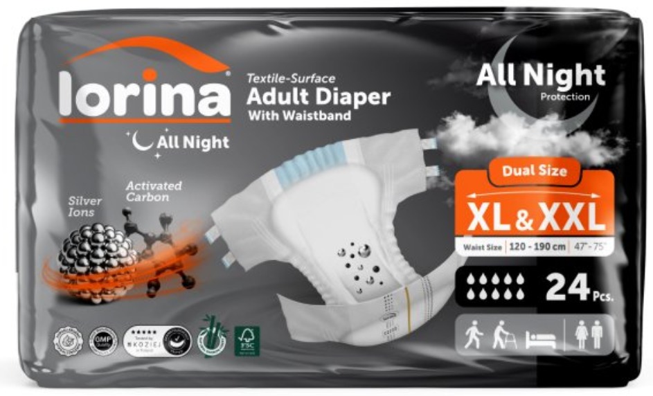 Scutec pentru adulți Lorina All Night Dual Size XL & XXL, 120-190 cm, pachet 24 bucăți, cu ioni de argint și carbon activ